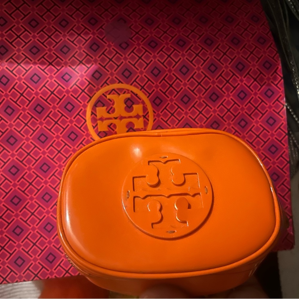 Tory Burch Orange and Pink Cosmetic Bag